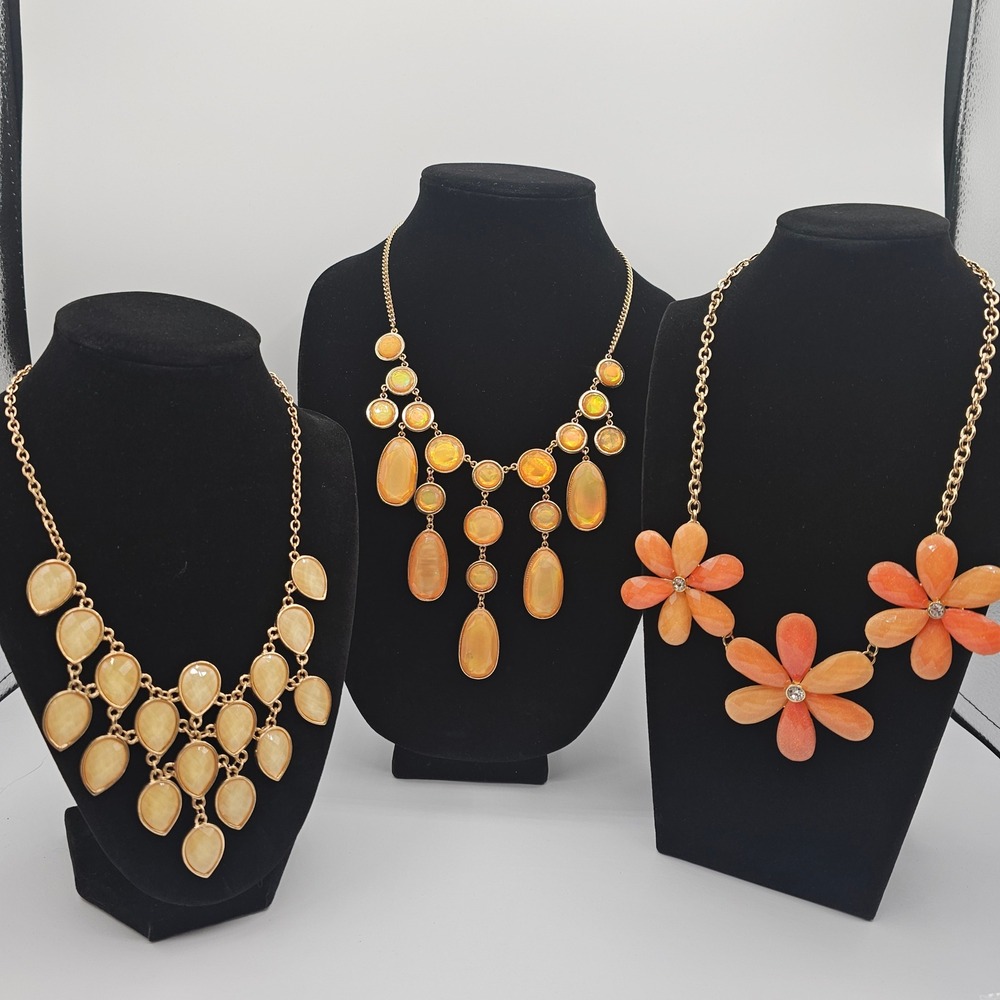 Lot of 3 Statement Necklaces Orange Gold Tone Floral Teardrop Geometric Cottage